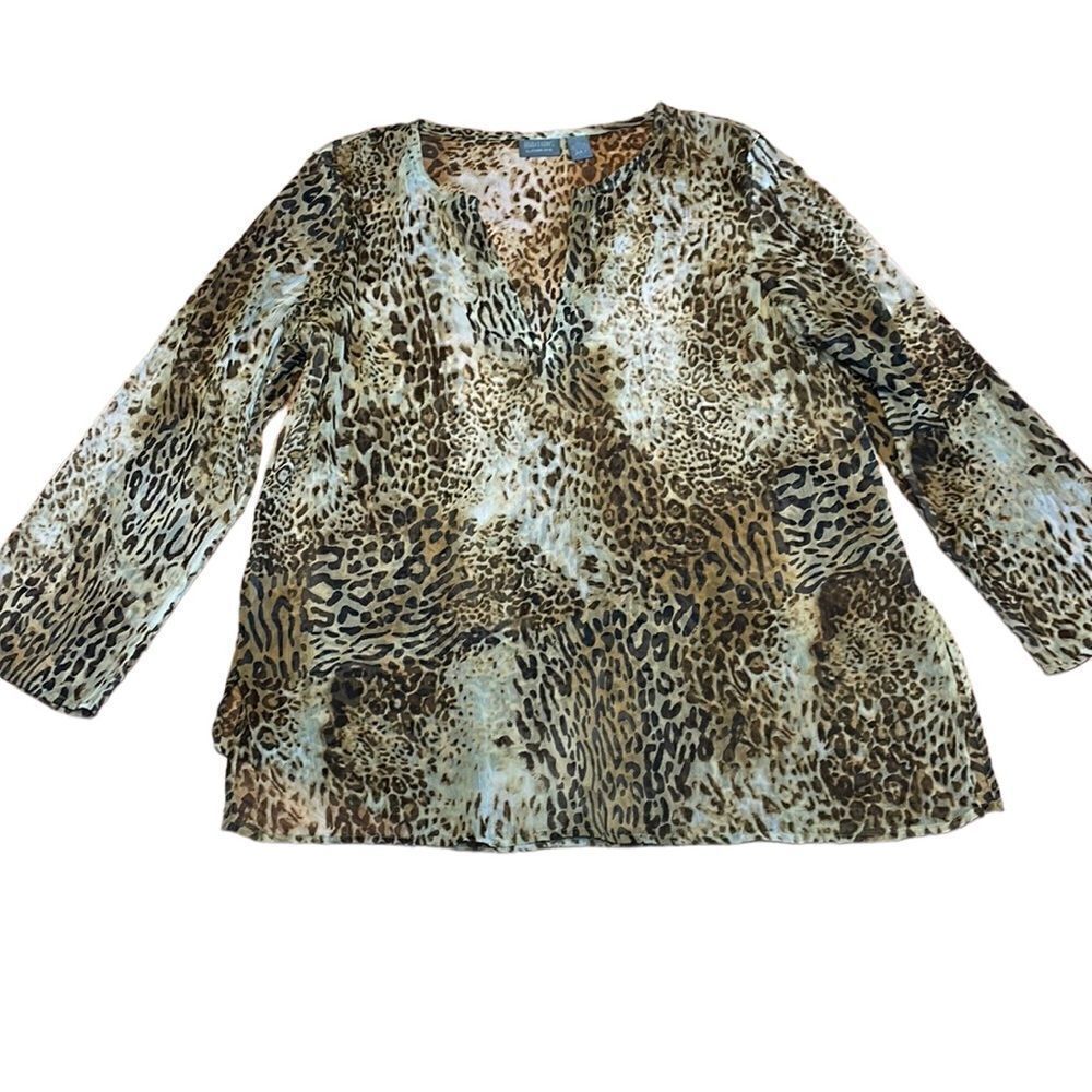 Additions but Chico’s Leopard Shirt, semi sheer top, V-neck, size 3, large